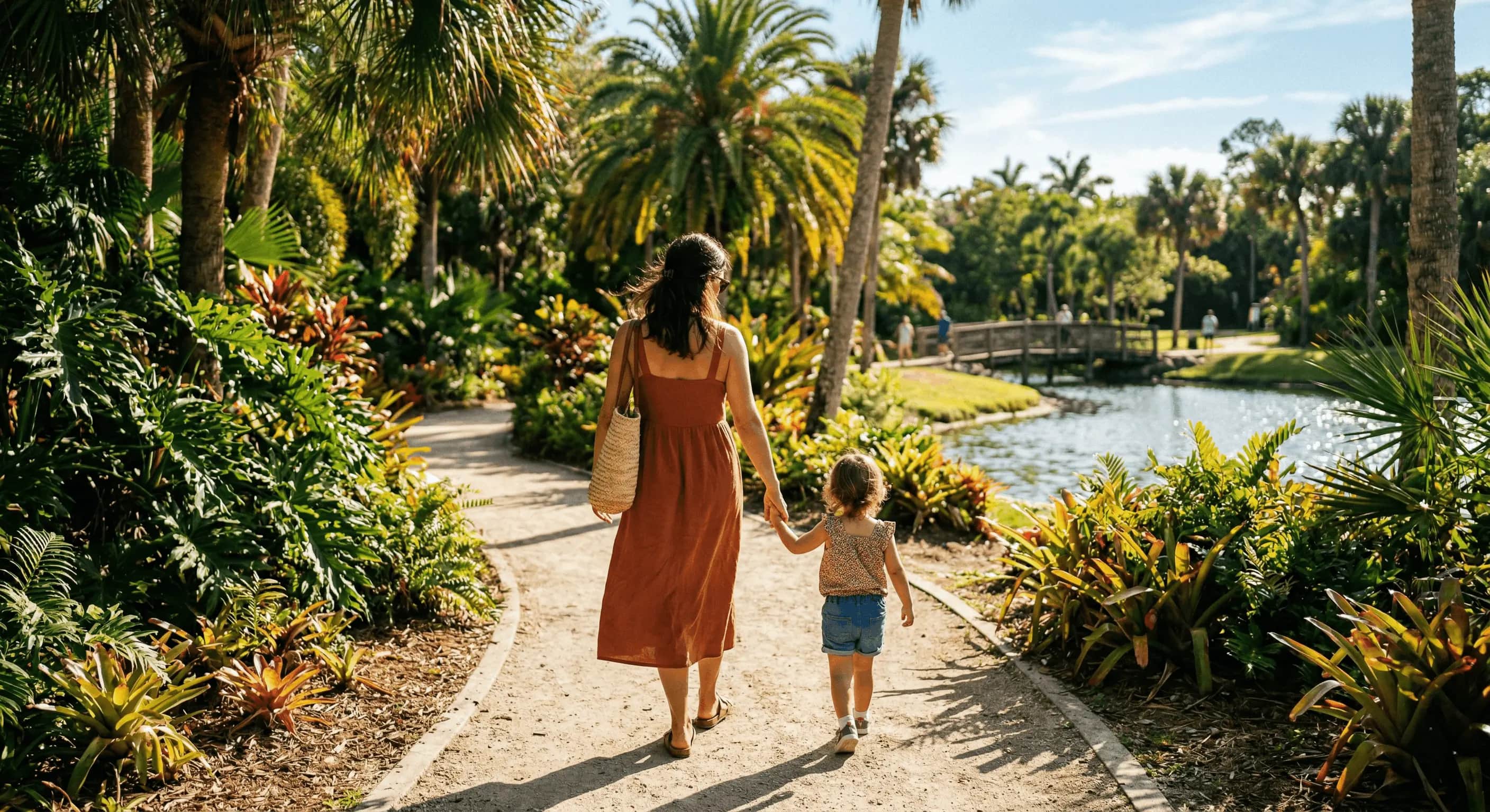 Parent and child walking in a sunny park in South Florida