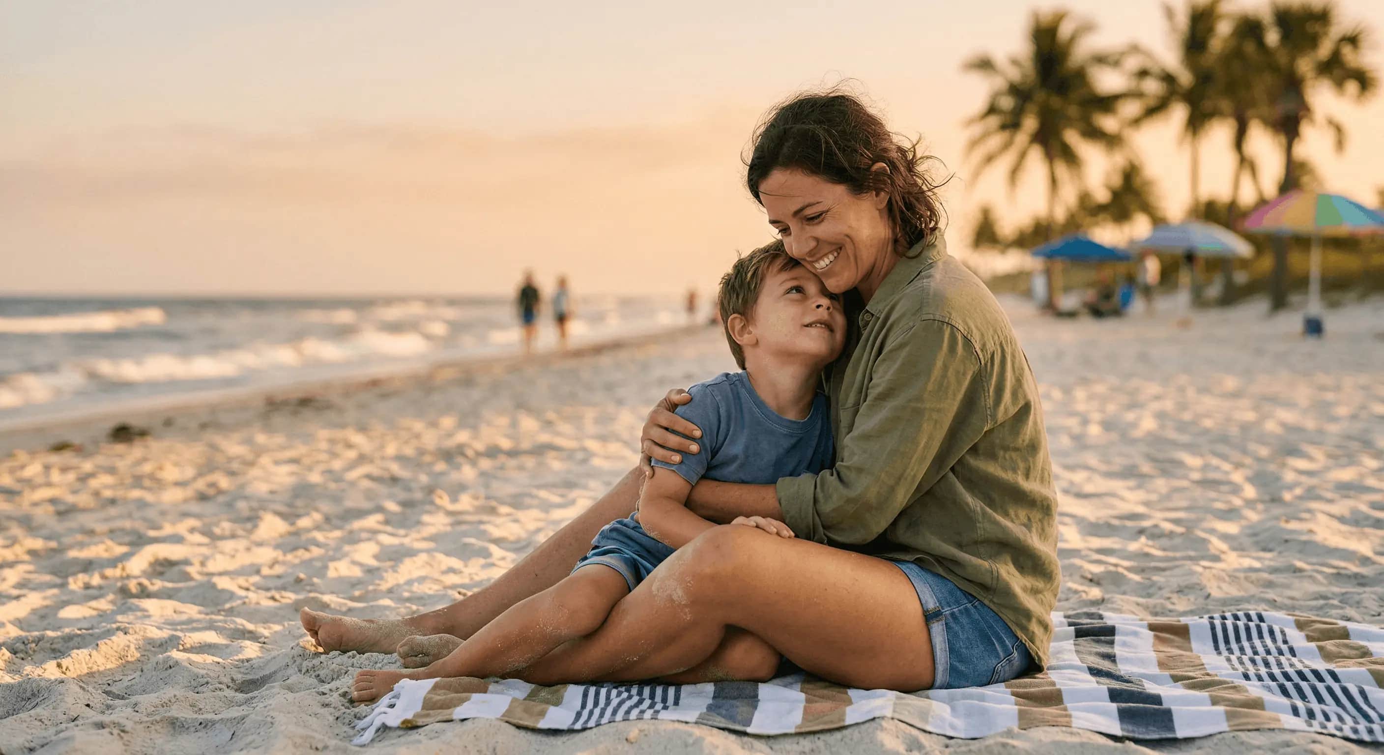 Mother comforting her son in Palm Beach, Florida